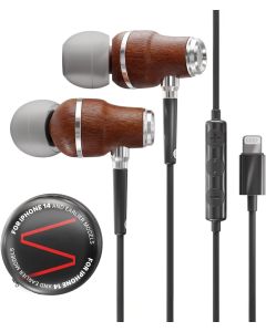 Symphonized iPhone Earphones Wired Deep Bass Sound, 3D Sound, Microphone Volume Control, Noise Isolation, Bubinga Wooden with Lightning (Apple MFI Certified), iPhone SE to 14 Earbuds