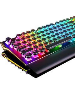 RK ROYAL KLUDGE S108 Typewriter Keyboard, Retro Mechanical Gaming Keyboard Wired 108 Keys with RGB Backlit Sidelight, Detachable Wrist Rest, Round Keycaps Blue Switches - Black