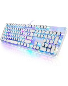 Typewriter Style Mechanical Gaming Keyboard RGB Backlit Wired with Blue Switch Retro Round Keycap 104 Keys Keyboard (R-White)