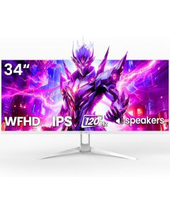 CRUA 34'' Ultrawide Gaming Monitor 120HZ, 21:9 WFHD 2560X1080 IPS Panel Computer Monitors with Built-in Speakers, Support AMD FreeSync, 120% sRGB, DP1.4 & HDMI1.4, Wall Mountable Installs-White