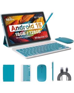 Android 15 Tablet, 10 Inch 18GB RAM+128GB ROM/ 2TB Expandable Tablet, 2.0GHz Quad-core Processor, 1280x800 HD Touchscreen, 5G WiFi6 BT 5.0, 2 in 1 Tablets with Keyboard Case Mouse Stylus, Navy
