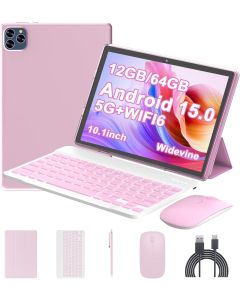 Android 15 Tablet 10 Inch, 12(3+9) GB RAM+64GB ROM, 2 in 1 Tablets with Keyboard Case Mouse Stylus, 1.8GHz Five-core Processor, 1280 * 800 IPS HD Screen, 5G WiFi6 BT 5.3 Tableta PC(Pink)