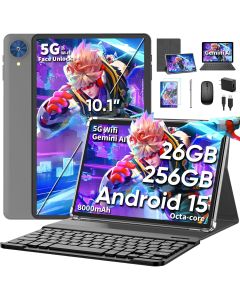 10 Inch Tablet, 2026 Android 15 Tablet with Keyboard, 26GB+256GB+2TB Expand, Tablets PC with Gemini AI, Octa-Core, 8000mAh, 5G WiFi, Widevine L1, GMS, 2 in 1 Tablets with Case, Mouse, Stylus (Silver)