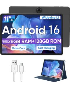 Android 16 Tablet,11 Inch Tablets with Octa Core Processor, 28GB RAM 128GB ROM 1TB Expand, Widevine L1, 8000mAh Battery, 2.4/5Ghz Dual WiFi/GPS/FM, 5/8MP Cameras, Case Included, Black