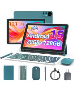 Android 15 Tablet 10 Inch, 20GB RAM+128GB ROM/ 2TB Expandable, 2.0GHz Quad-core Processor, 1280*800 HD Screen, 5G WiFi6 BT 5.0, 2 in 1 Tablets with Keyboard Case Mouse Stylus, Widevine L1 Blue