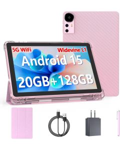 Android 15 Tablet 10 inch Tablets, 20GB RAM 128GB ROM 2TB Expand, 2.0Ghz CPU Quad-Core Processor Tablet PC with Case and Stylus, 5G WiFi6, BT5.0, 6000mAh Battery, Dual Camera, Widevine L1, GMS, Pink