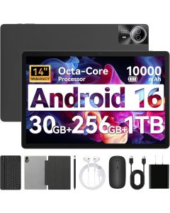Tablet|14 inch Android 16 Tablet|30GB RAM 256GB ROM|1920 * 1200 IPS FHD|10000mAh 30W Fast Charging|Octa-core Processor|Wi-Fi 6, BT 5.4|Dual Camera with Keyboard|Mouse|Stylus|Case|Headphone