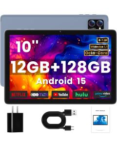 Android Tablet 10 Inch, Android 15 Tablets 2026 for Adults, Octa-Core, 12GB RAM,128GB Storage(2TB Expandable), Large Touch Screen Tablet with 10H Battery Life,WiFi & Bluetooth 5.0,Grey Blue