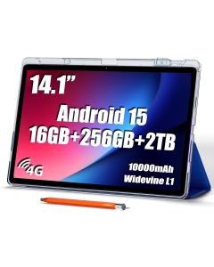 14 inch Large Screen Tablet, Android 15 Tablet 16GB RAM 256GB ROM, 1920 * 1200 IPS FHD Display, Widevine L1, 10000mAh 18W Charging, Wi-Fi & Bluetooth, 4G LTE, with Stand Case & Stylus