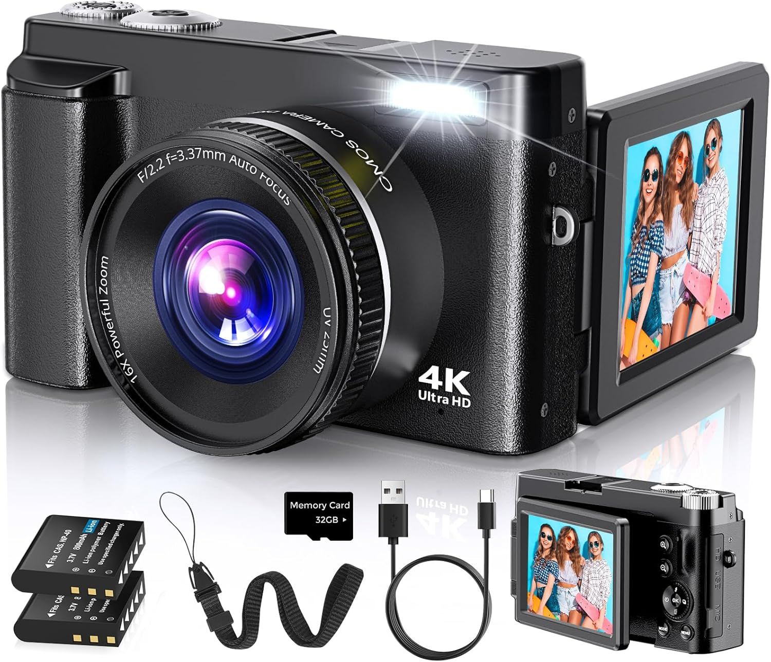 4K Digital Camera for Photography Autofocus, 2026 Latest 48MP Vlogging Camera for YouTube with SD Card, 2 Batteries, 3" 180°Flip Screen Compact Travel Camera for Teens with 16X Zoom, Anti-Shake,Black