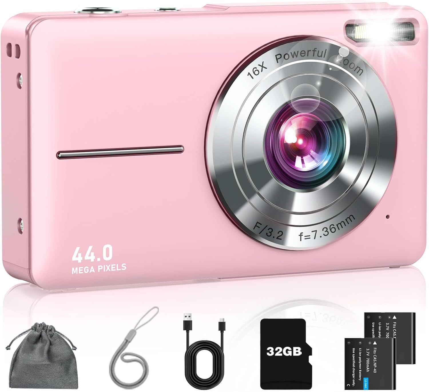Digital Camera, FHD 1080P Point and Shoot Kids Camera, with 32GB Card, 2 Batteries, 16X Zoom Anti Shake Date Stamp, Compact Portable Small, for Starter Kid Children Teen Student Girl Boy(Pink)