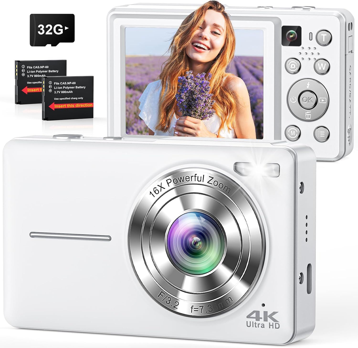 4K Digital Camera, 64MP Autofocus Point and Shoot Camera with Front & Rear Camera, Flash, 16X Zoom, 32GB Card, 2 Batteries, Compact Vlogging Camera for Teens & Beginners