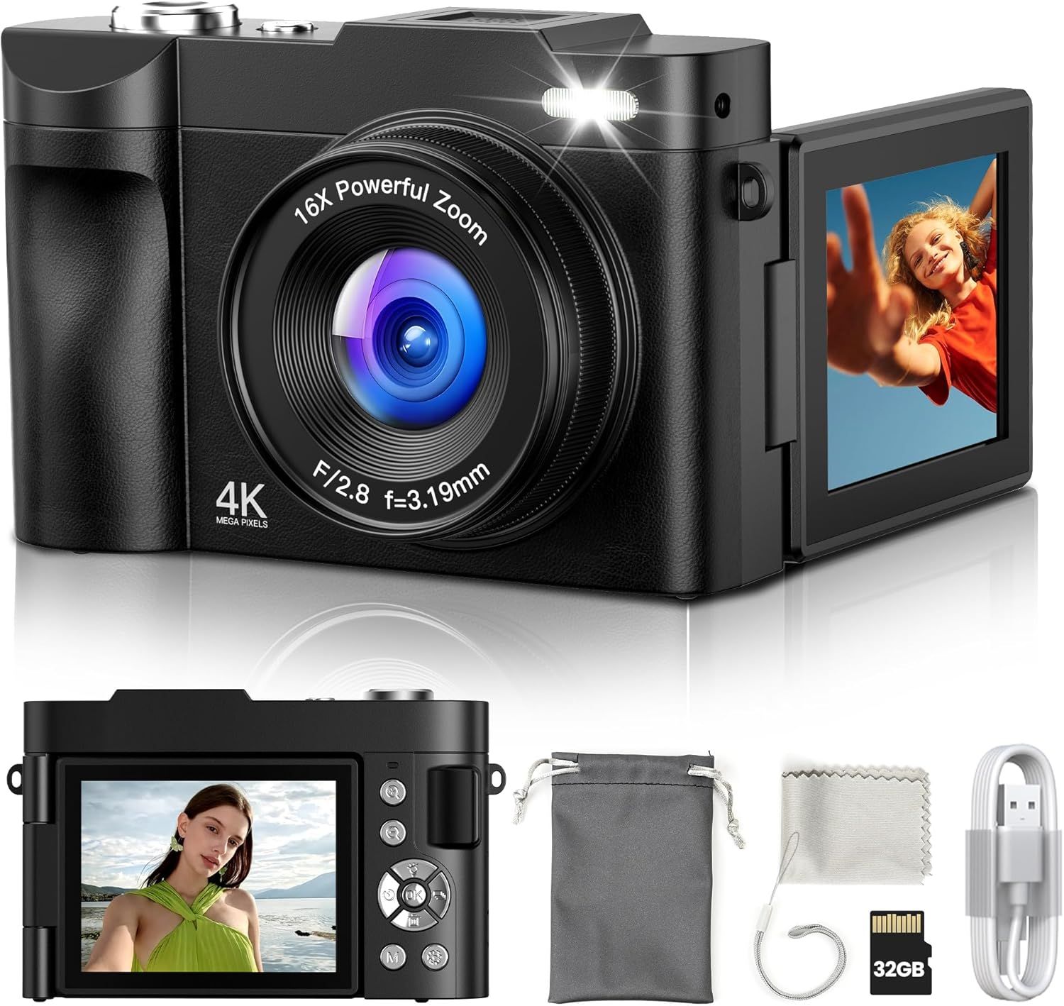 Digital Camera 4K for Photography Vlogging: 50MP Cameras for Video - 16X Zoom Photo Camera Gifts for Teens Ages 8-16 - 180°Flip Screen Compact Cámara - Point and Shoot Digital Cameras for YouTube