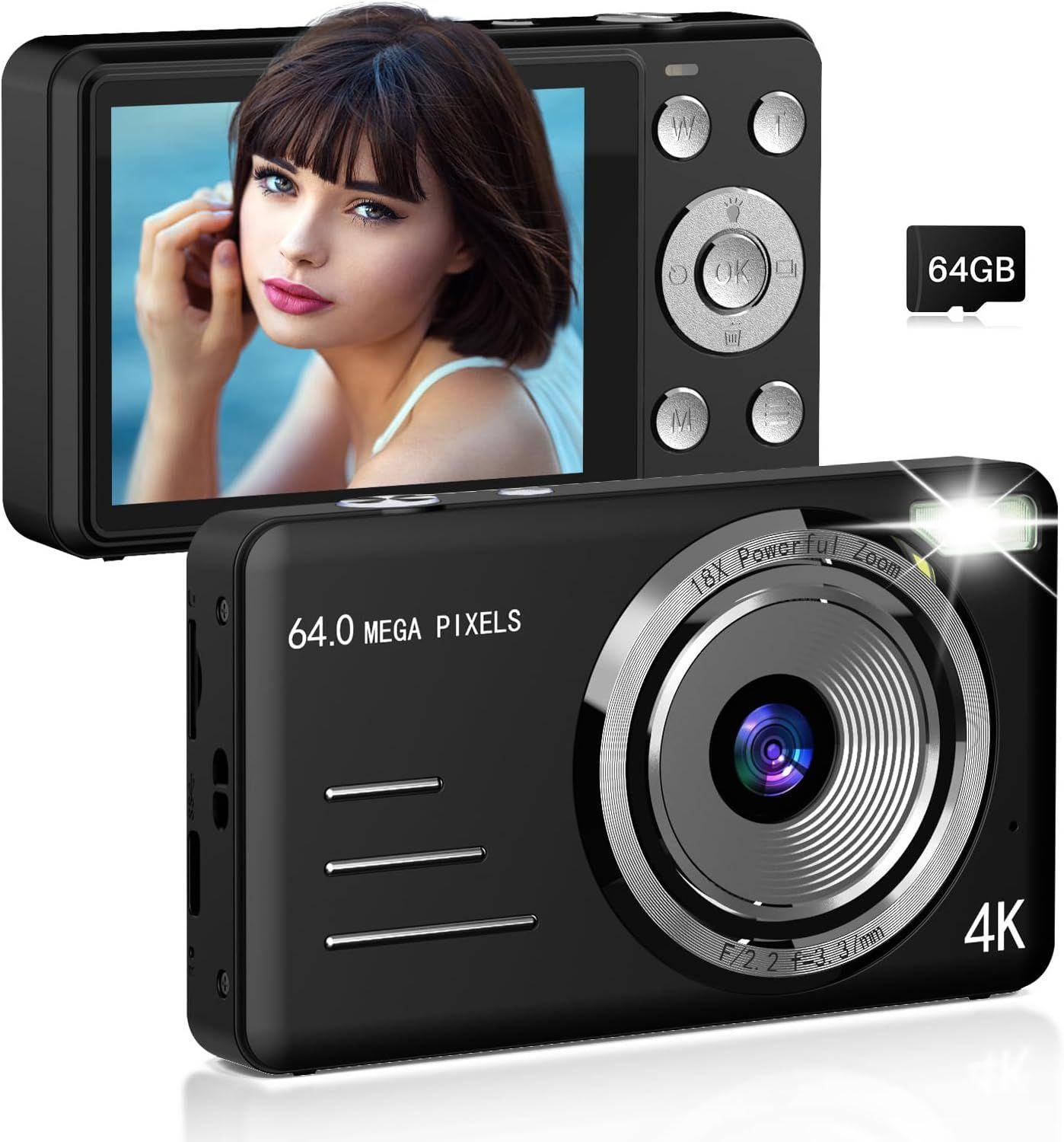 Forc Digital Camera, FHD 4K 64MP Point and Shoot Kids Digital Cameras with 64GB Card, 18X Zoom, Anti Shake, Compact Small Camera for Kids Gifts for Teens Girls Boys