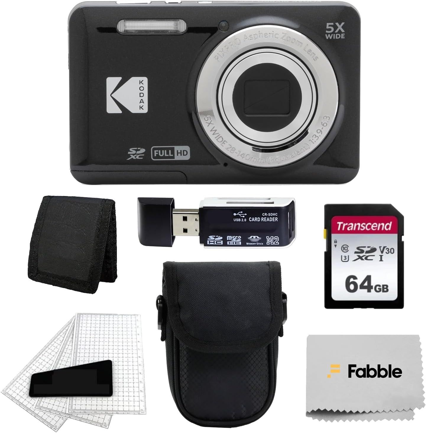 Kodak PIXPRO FZ55 Digital Camera (Black) + Black Point & Shoot Camera Case + Transcend 64GB SD Memory Card + Tri-fold Memory Card Wallet + Hi-Speed SD USB Card Reader + More!
