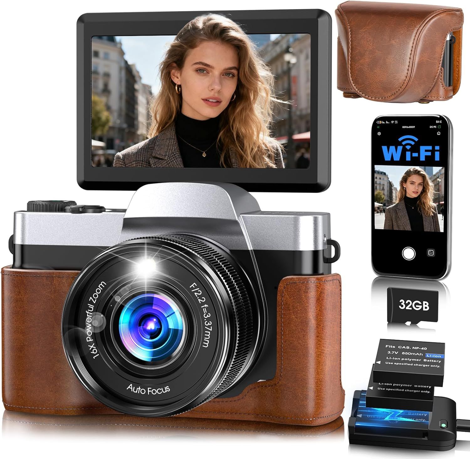 4K Digital Camera for Photography Autofocus, 64MP WiFi Vlogging Camera for YouTube with 3'' 180° Flip Screen,16X Zoom Anti-Shake, 32GB Card, Compact Travel Point and Shoot Digital Cameras (Brown)