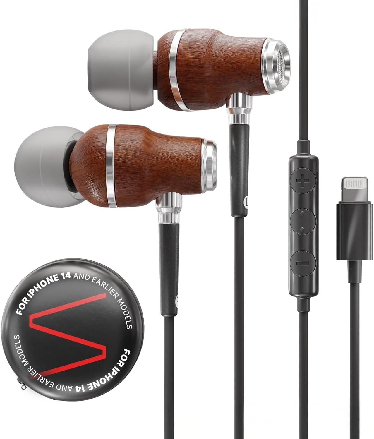 Symphonized iPhone Earphones Wired Deep Bass Sound, 3D Sound, Microphone Volume Control, Noise Isolation, Bubinga Wooden with Lightning (Apple MFI Certified), iPhone SE to 14 Earbuds