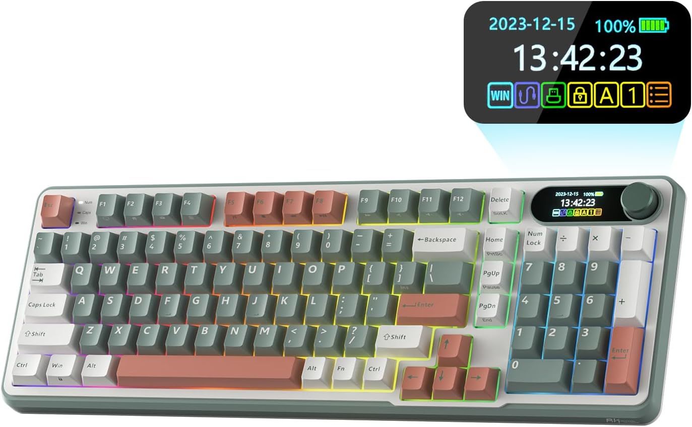 RK ROYAL KLUDGE S98 Mechanical Keyboard w/Smart Display & Knob, Top Mount 96% Wireless Mechanical Keyboard BT/2.4G/USB-C, Hot Swappable, Software Support, Creamy Sounding, 98 Keys