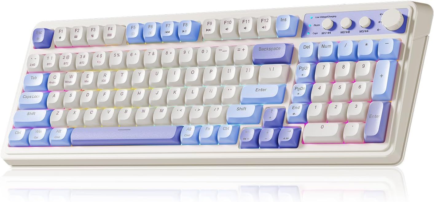 AULA 99 Key Keyboard, Tri-Mode Bluetooth/2.4GHz/USB-C Cute Creamy Gaming Keyboard with Number Pad RGB Backlit, Media Knob Custom Mechanical Feel Computer Keyboards for MAC Xbox PC Gamer - Purple