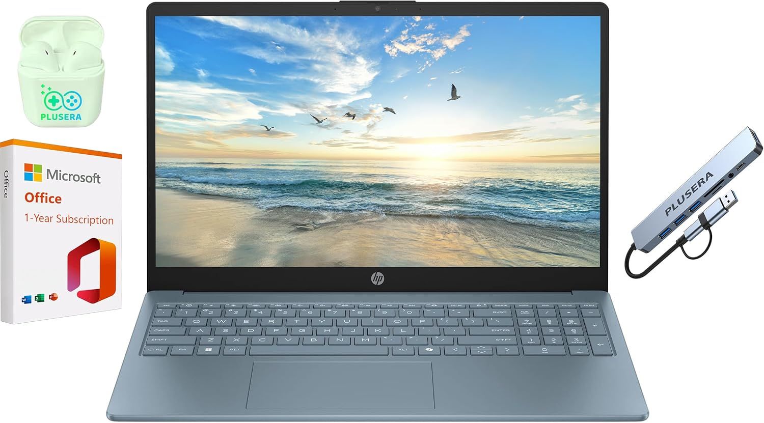 HP 15.6" Business Laptop with Microsoft Office 365 with Copliot AI & 1TB OneDrive, 16GB RAM 128GB SSD, Quad-Cores Intel Processor, Windows 11, PLUSERA Earphones & 8-in-1 Hub Included, Moonlight Blue