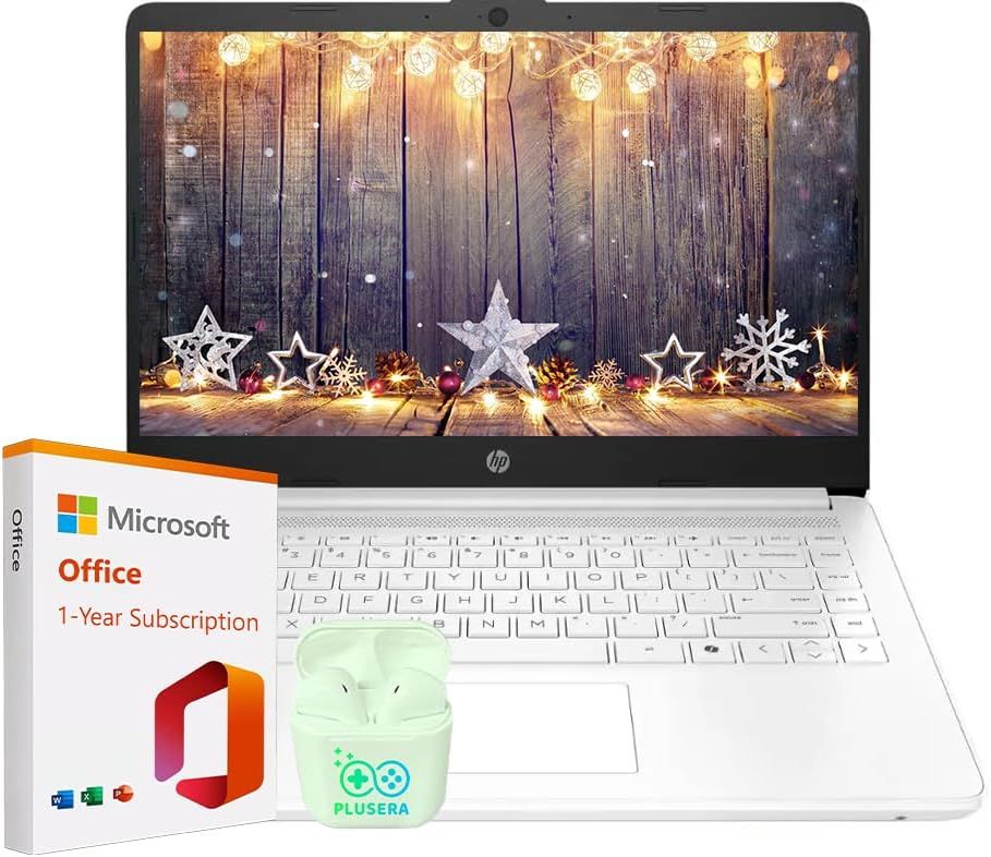HP 14" Business Laptop with Microsoft Office 365 with Copliot AI & 1TB OneDrive, 32GB RAM 64GB SSD, Dual-Cores Intel Processor, Windows 11, PLUSERA Earphones, Snowflake White