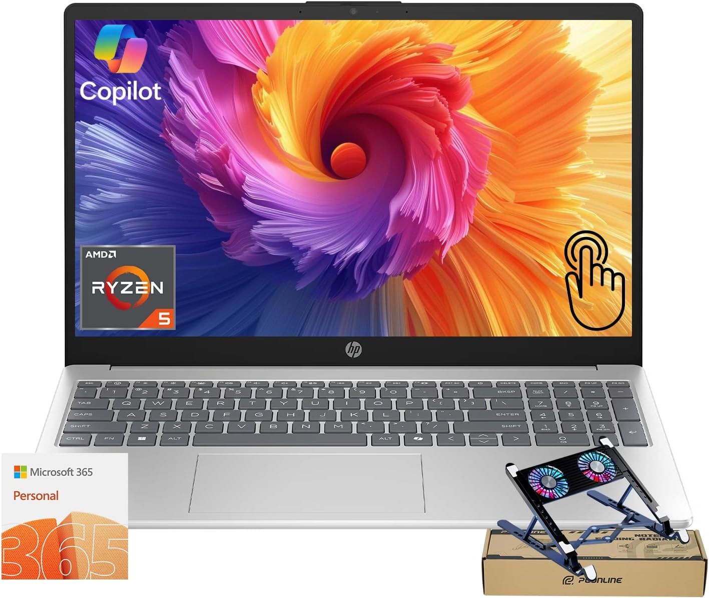 HP 15.6" Touchscreen Business & Home Laptop, AMD Ryzen 5 7520U, 8GB RAM, 128GB SSD, Webcam, HDMI, Lifetime Office 365 for the Web, Win11 Home, Silver, Bundle with PCO Notebook Fold Radiator, Cooler
