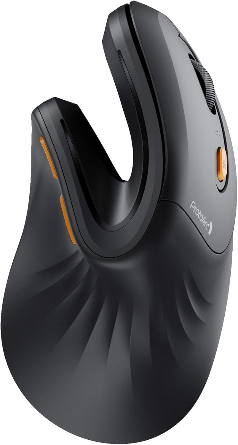 ProtoArc Ergonomic Mouse, EM11 NL Bluetooth Rechargeable Wireless Vertical Mouse, 3 Multi-Device Connectivity for Computer/PC/Laptop, 2.4GHz USB-A Optical Mice for Windows, Mac OS, Black