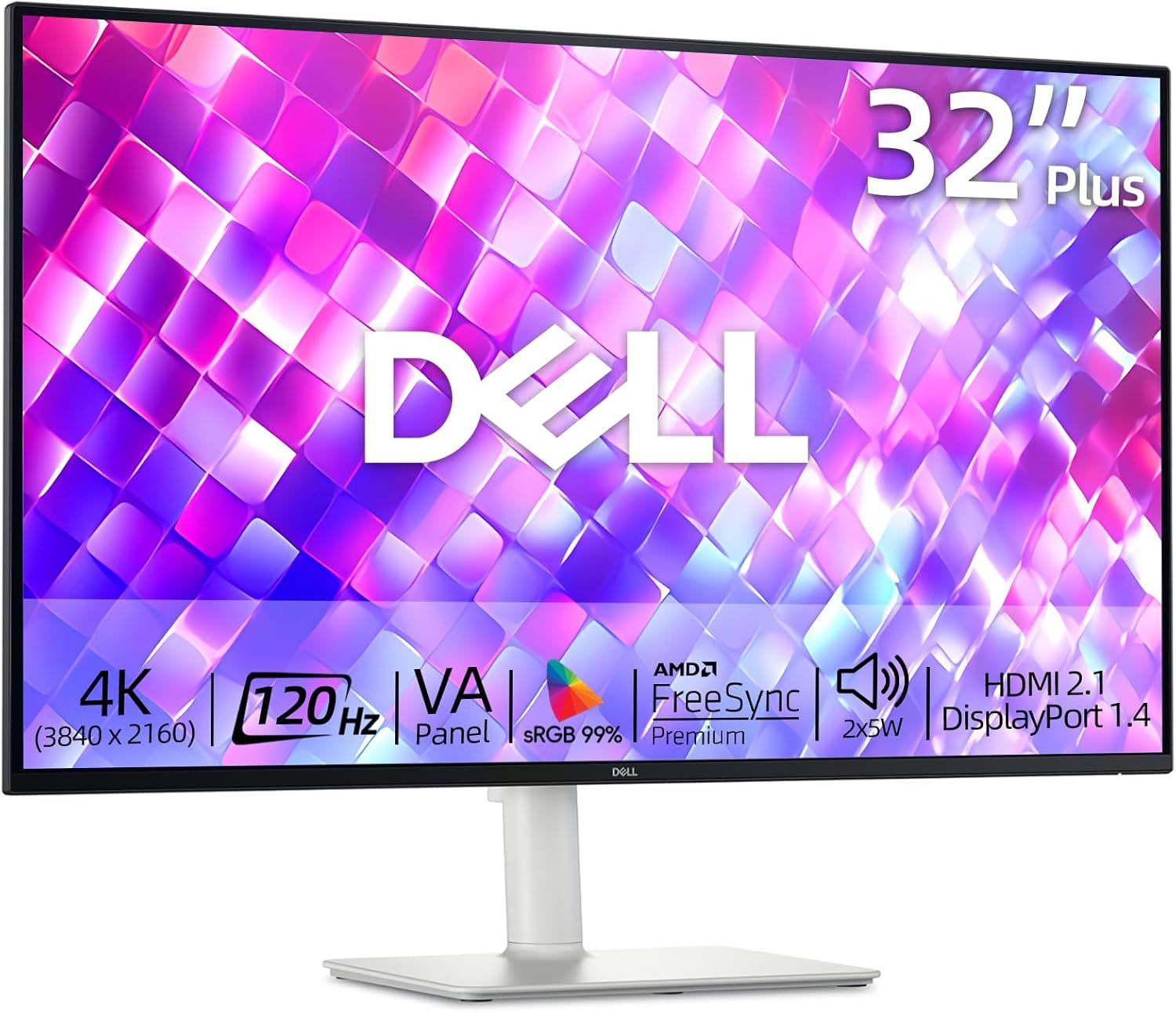 Dell 32 inch Monitor, 4K (3840 x 2160), 120Hz, VA Panel, AMD FreeSync Premium, 1500:1 Contrast Ratio, LED Display, sRGB 99%, VESA, Integrated 2x5W Speaker, Comfortview, HDMI/DisplayPort, Tilt/Height
