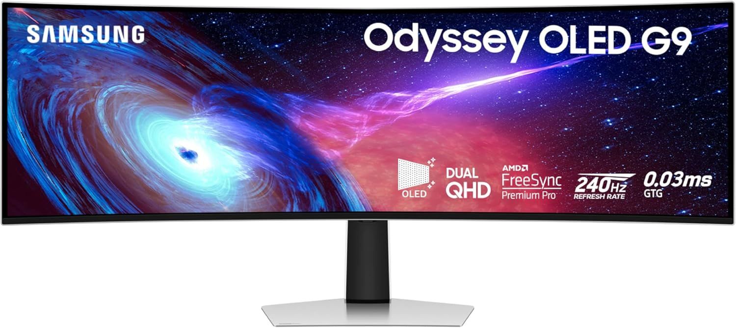 Samsung 49" Odyssey G93SC Series Curved Gaming Monitor, QD-OLED, 240Hz, 0.03ms, DQHD, G-Sync Compatible, FreeSync Premium Pro, Adjustable Stand