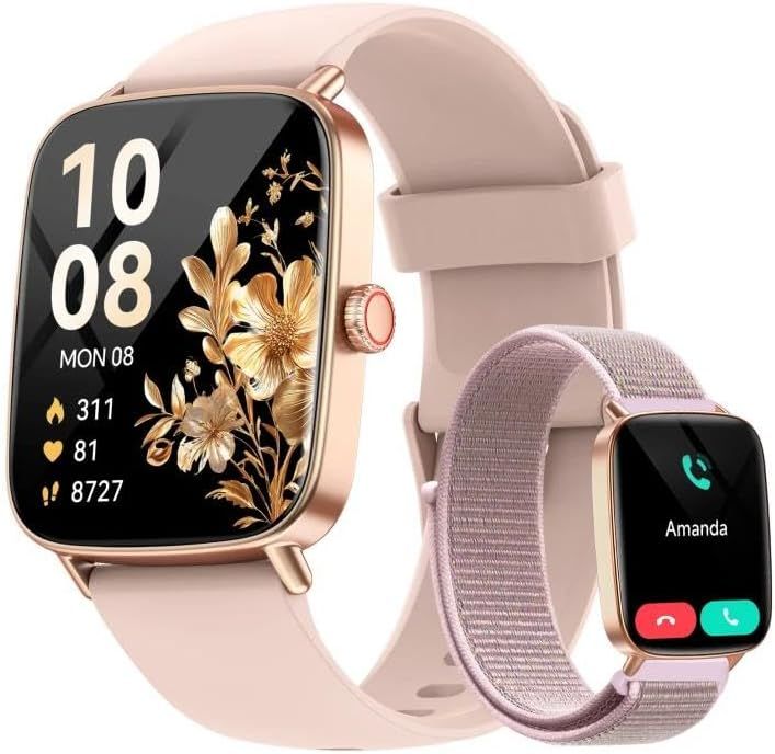 Smart Watch for Women, 1.85" HD Smartwatch Compatible iPhone/Samsung/Android (Answer/Make Calls), 100+ Sport Modes Fitness Tracker with Heart Rate/Sleep/SpO2 Monitor, IP68 Waterproof, with 2 Bands