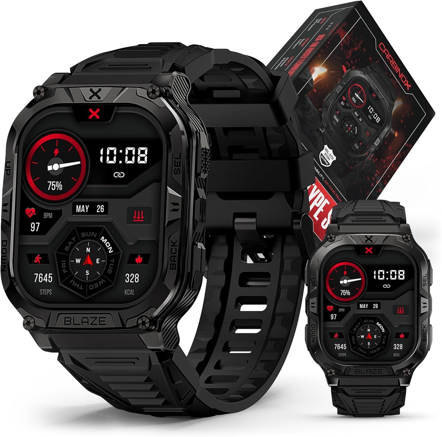 CARBINOX Blaze Smart Watch with GPS – Rugged Fitness Trackers, IP69K Waterproof, 170+ Sports Modes, Gorilla Glass, Make/Receive Calls, Android & iOS Compatible