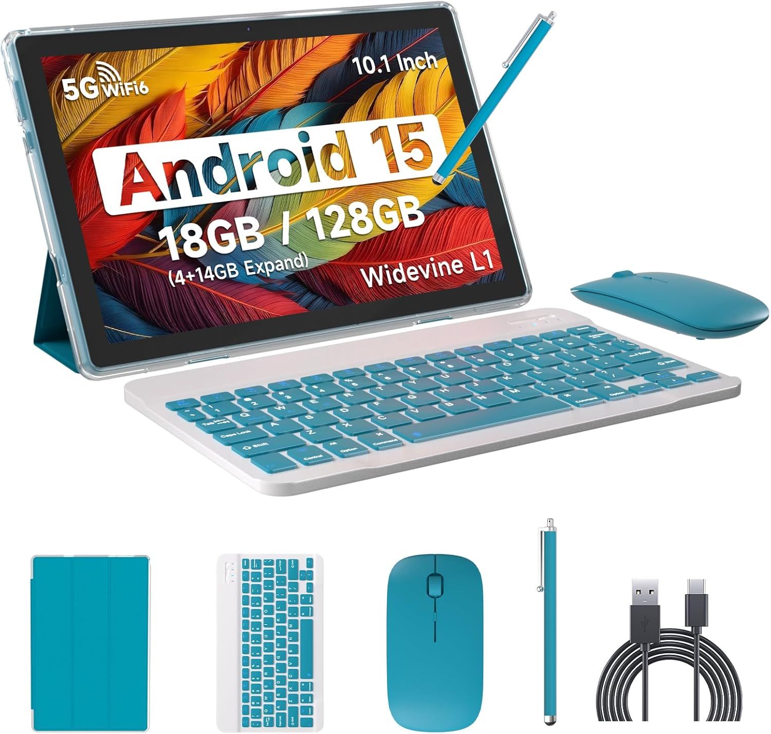 Android 15 Tablet, 10 Inch 18GB RAM+128GB ROM/ 2TB Expandable Tablet, 2.0GHz Quad-core Processor, 1280x800 HD Touchscreen, 5G WiFi6 BT 5.0, 2 in 1 Tablets with Keyboard Case Mouse Stylus, Navy