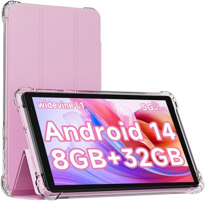 Android 14 Tablet with Case, 7 Inch 8GB RAM+32GB ROM/ 1TB Expandable Computer, 5MP Camera Tablets, 1.6Ghz Quad-core Processor, 3000mAH Battery Tablet PC, 5G WiFi, Games 7'' Android Laptop Pink