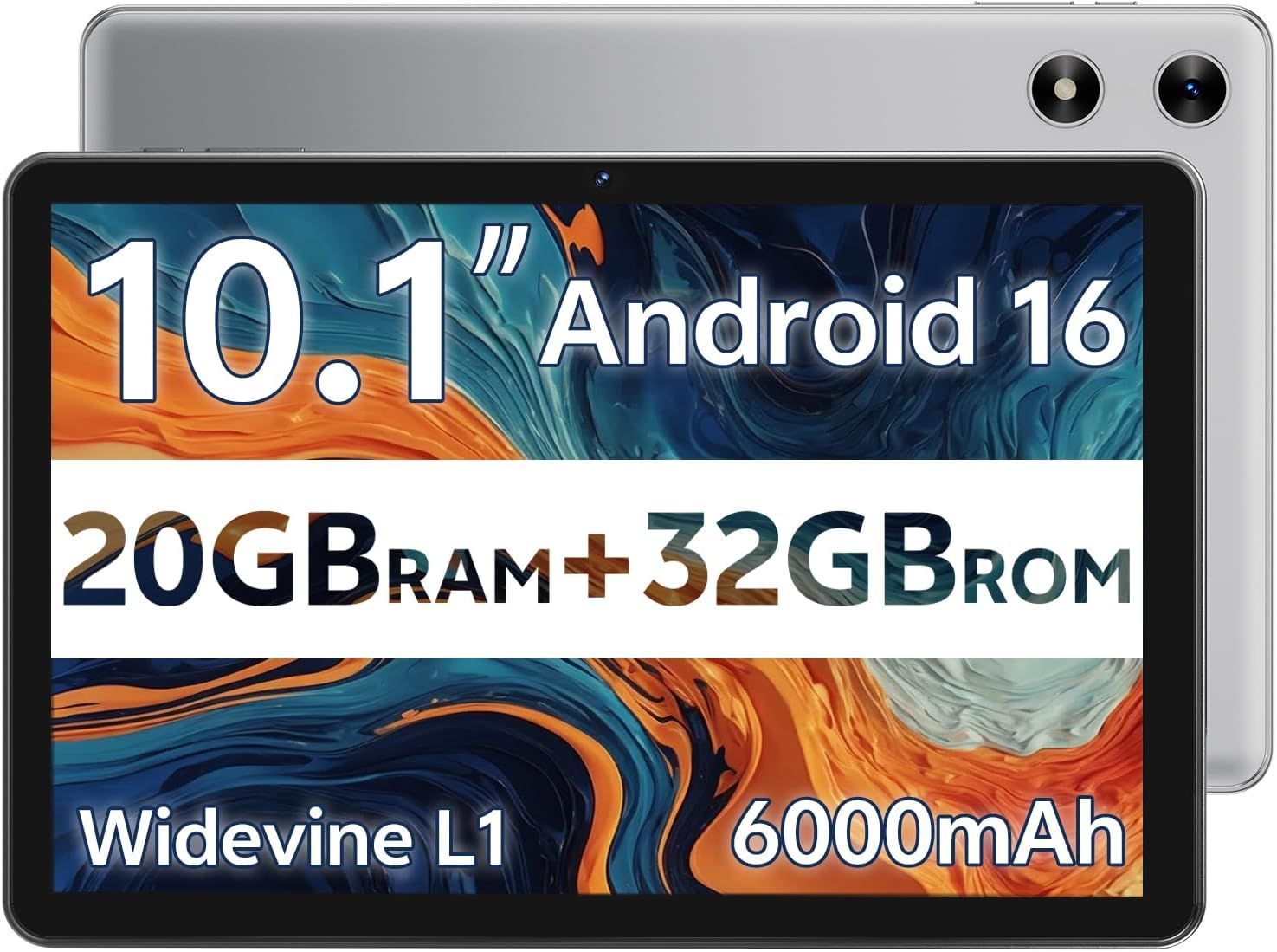 Android Tablet 10 Inch, Android 16 Tablet for Kids Adults, 20GB RAM 32GB Storage 1TB Expandable, Dual Cameras 8MP 2MP, 6000mAh Dual Speakers WiFi 6 Gray