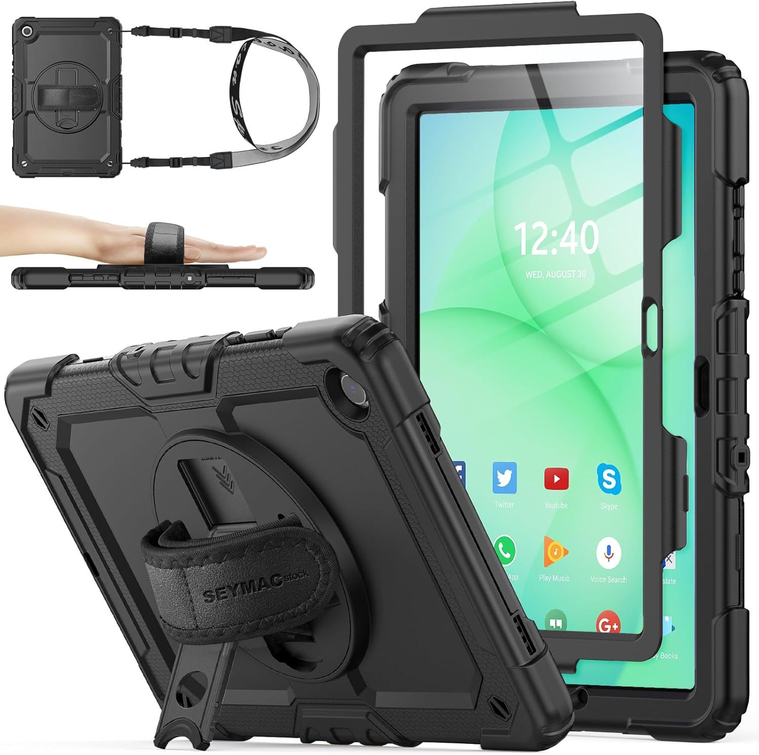 SEYMAC stock Case for Samsung Galaxy Tab A11+ Plus/A9+ Plus 11'', Full-Body Drop Protection Case with Screen Protector Pencil Holder [360° Rotating Hand Strap] &Stand, Black