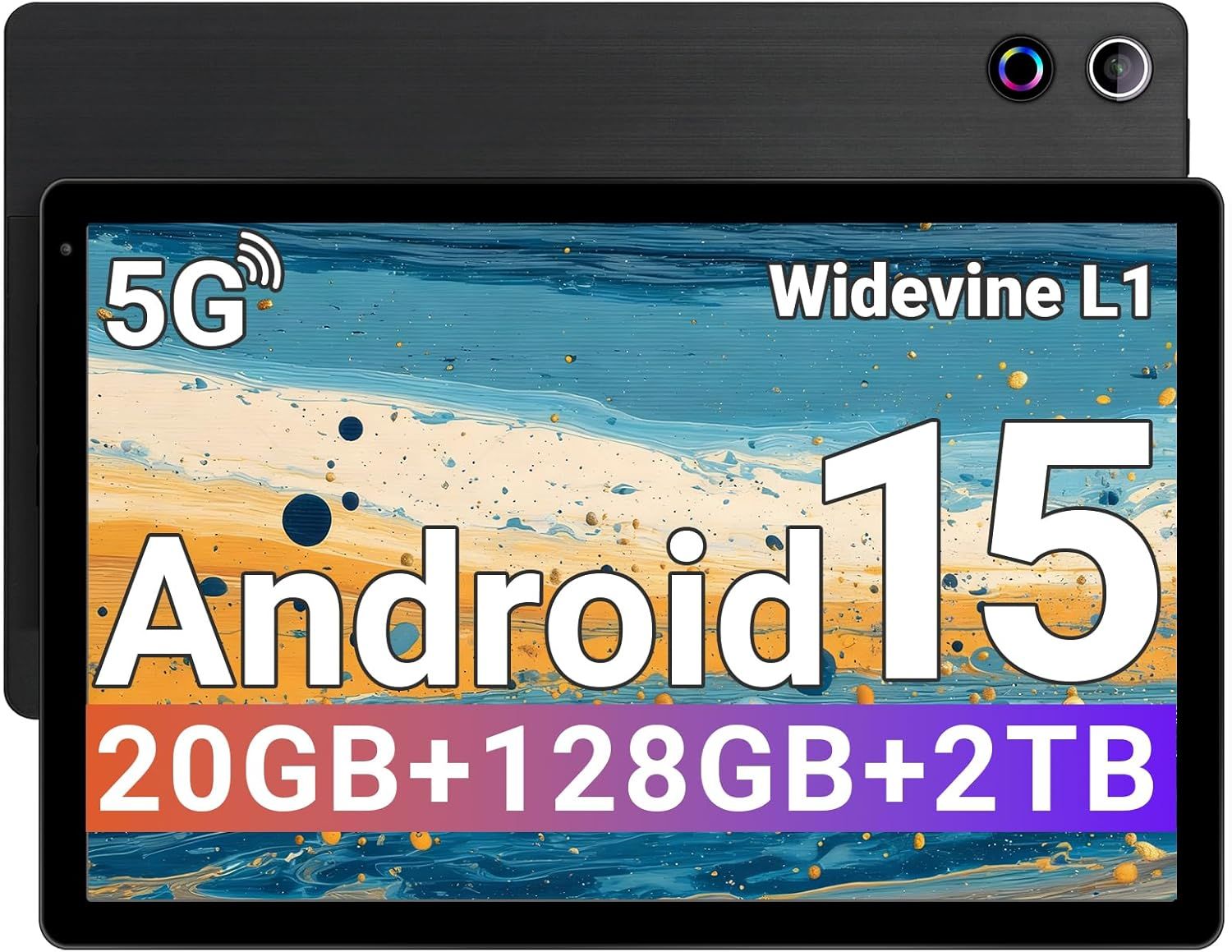 Gleeso Tablet, Android Tablet 10 Inch, 20GB+128GB+2TB, Android 15 Tablet with Octa-core, IPS HD Display, 5000mAh Battery, Fast Charging, Face ID, Dual Camera, Slim, Black