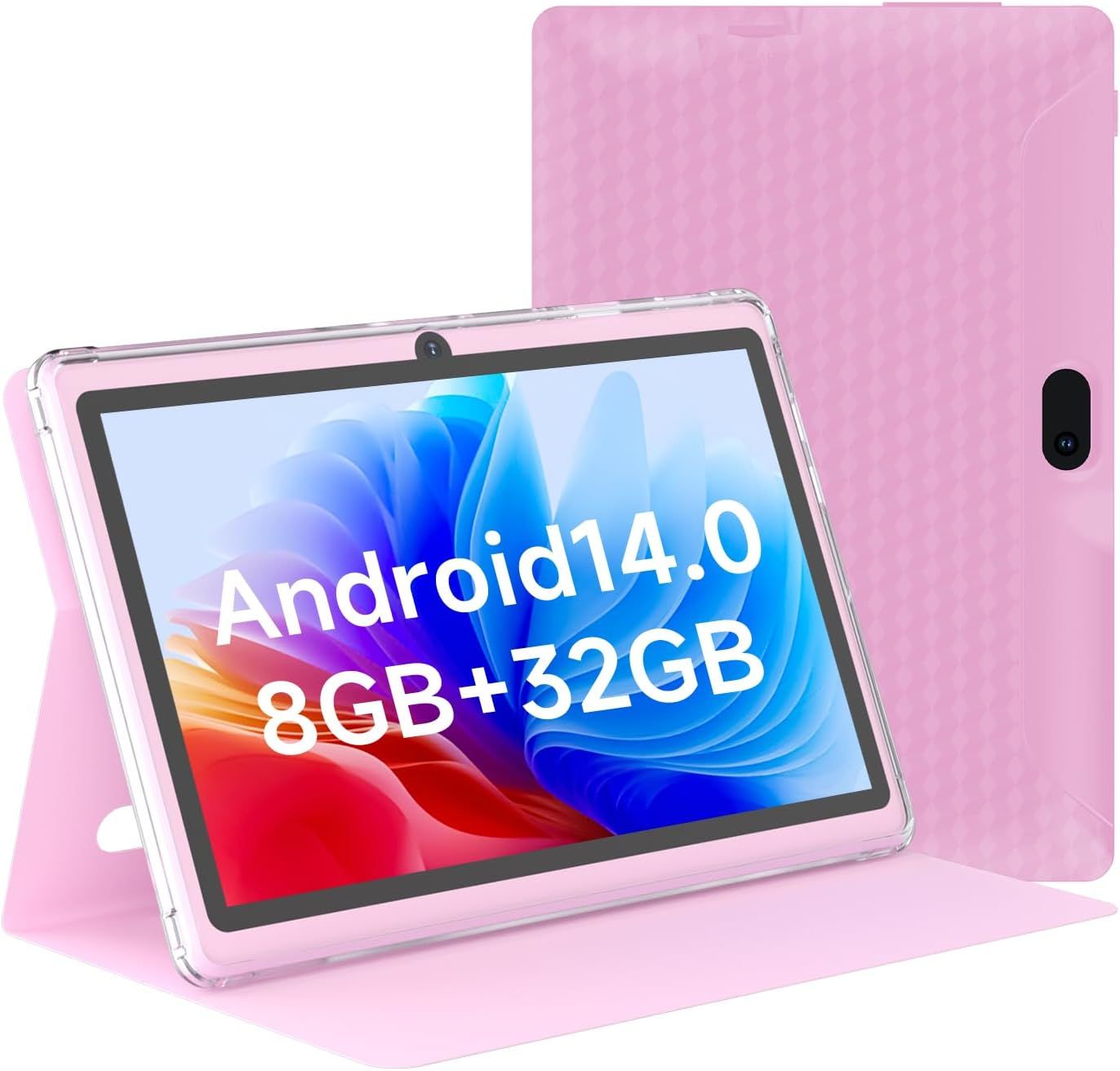Tablet 7Inch Android 14.0 with Protective Case, 8GB(3+5GB Expand) RAM+ 32GB ROM, IPS Screen, Dual Camera, Bluetooth 5.0 WiFi Tab (Pink)