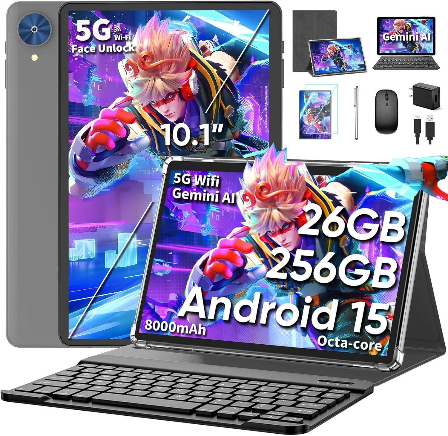 10 Inch Tablet, 2026 Android 15 Tablet with Keyboard, 26GB+256GB+2TB Expand, Tablets PC with Gemini AI, Octa-Core, 8000mAh, 5G WiFi, Widevine L1, GMS, 2 in 1 Tablets with Case, Mouse, Stylus (Silver)