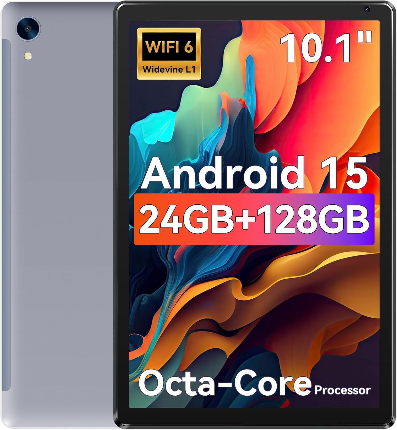 Tablet,10.1" Android 15 Tablet with Octa-core Processor 24GB RAM 128GB ROM HD IPS Touchscreen 8H Battery, Wi-Fi 6, BT 5.0, Dual Camera, Android Tablets