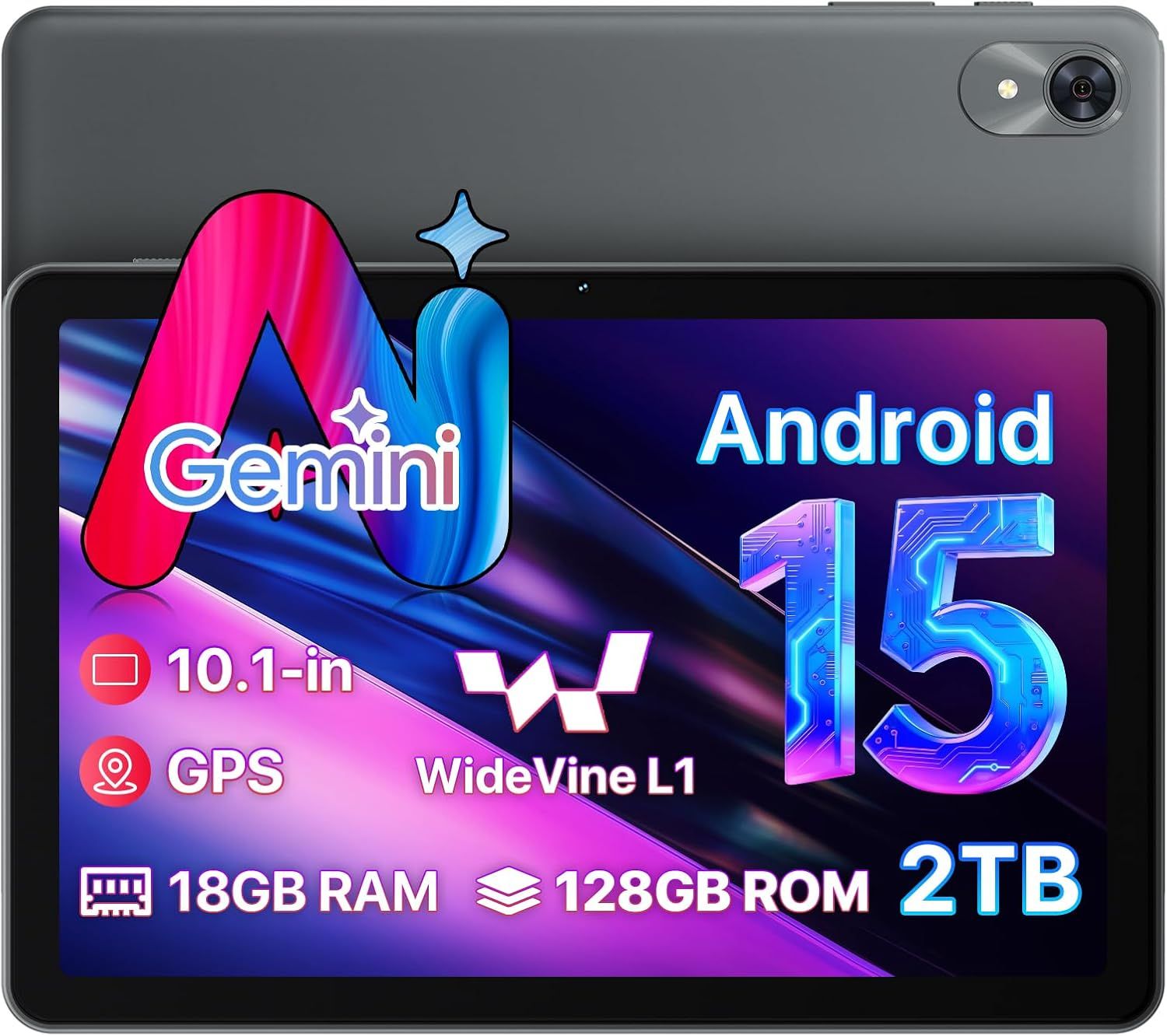 Tablet The World's First Android 15 with Gemini AI,10.1 Inch 18GB RAM 128GB ROM 2TB TF, Speed Up to 2.0 GHZ,Widevine L1,5000mAh,FM Radio,WiFi6, GPS,Bluetooth,Travel Gift,Kids Space,YT Kids
