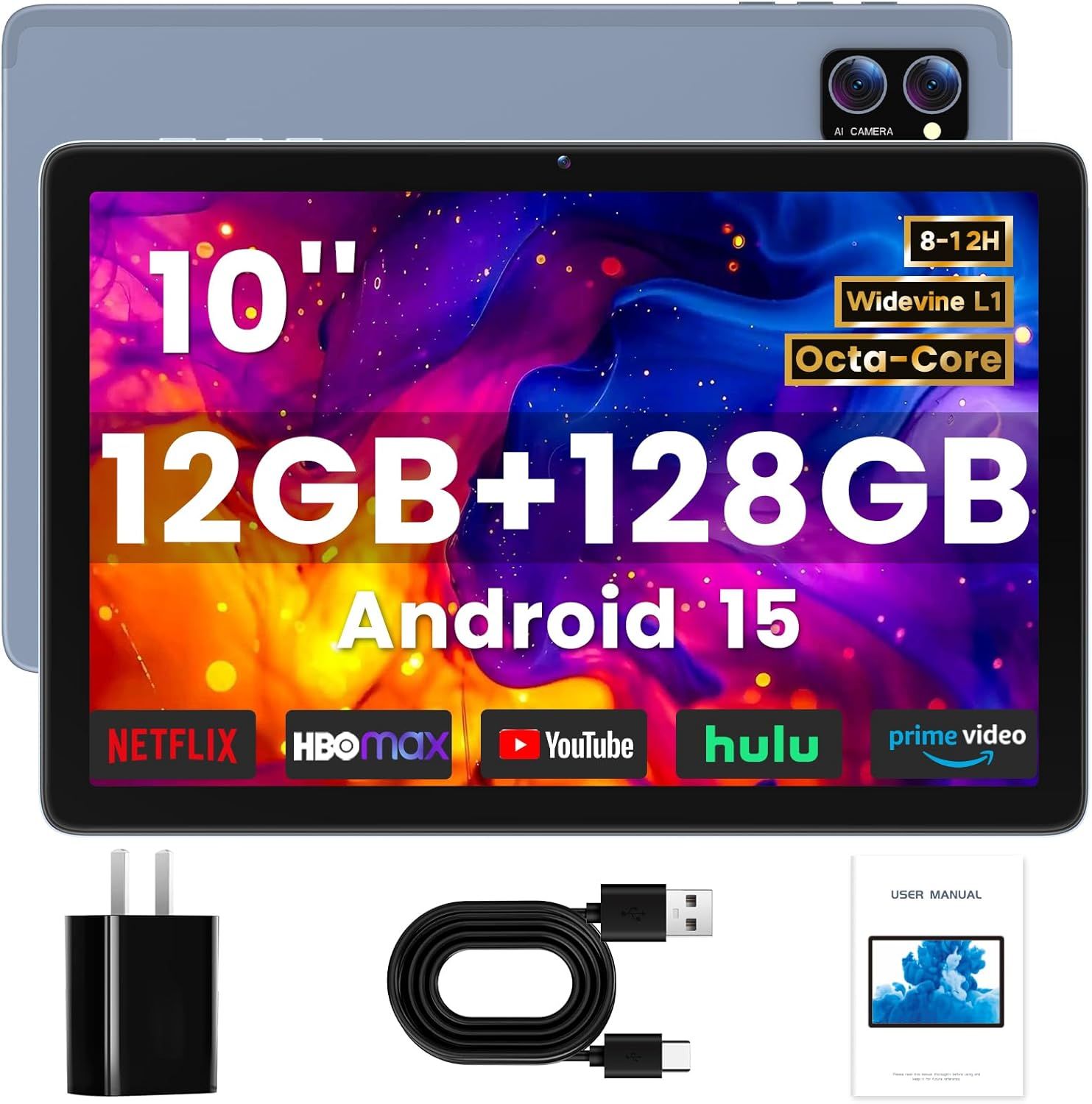 Android Tablet 10 Inch, Android 15 Tablets 2026 for Adults, Octa-Core, 12GB RAM,128GB Storage(2TB Expandable), Large Touch Screen Tablet with 10H Battery Life,WiFi & Bluetooth 5.0,Grey Blue