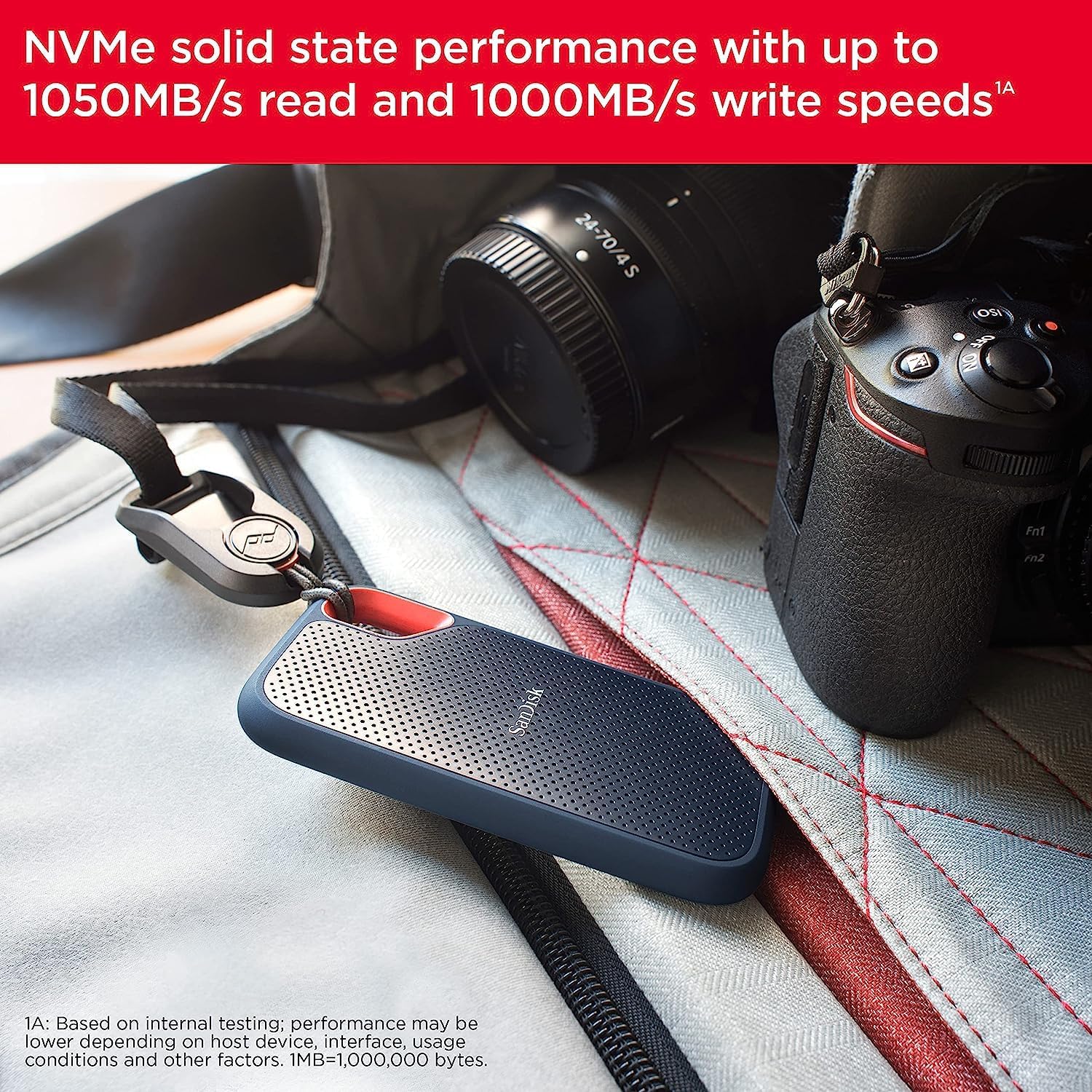 SANDISK 1TB Extreme Portable SSD - Up to 1050MB/s, USB-C, USB 3.2 Gen 2, IP65 Water and Dust Resistance, Updated Firmware - External Solid State Drive - SDSSDE61-1T00-G25