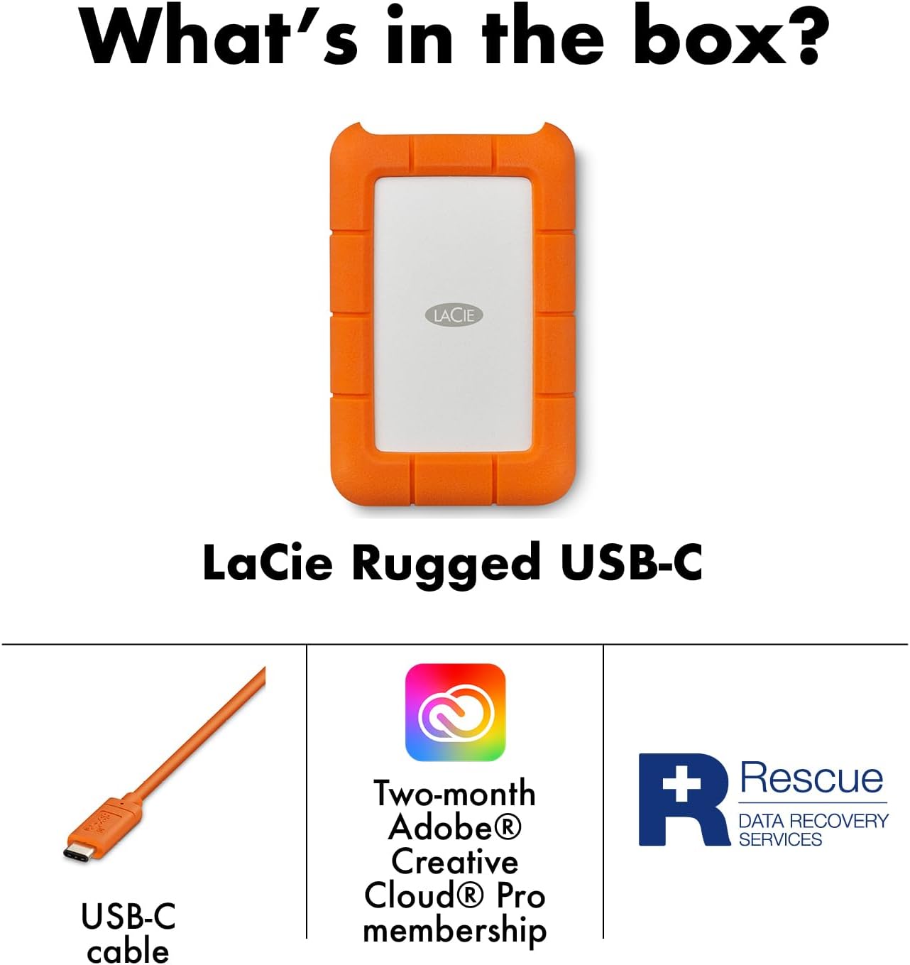 LaCie Rugged USB-C 2TB External Hard Drive Portable HDD – USB 3.0 compatible, Drop Shock Dust Rain Resistant, for Mac and PC Computer Desktop Workstation Laptop, 1 Month Adobe CC (STFR2000800)