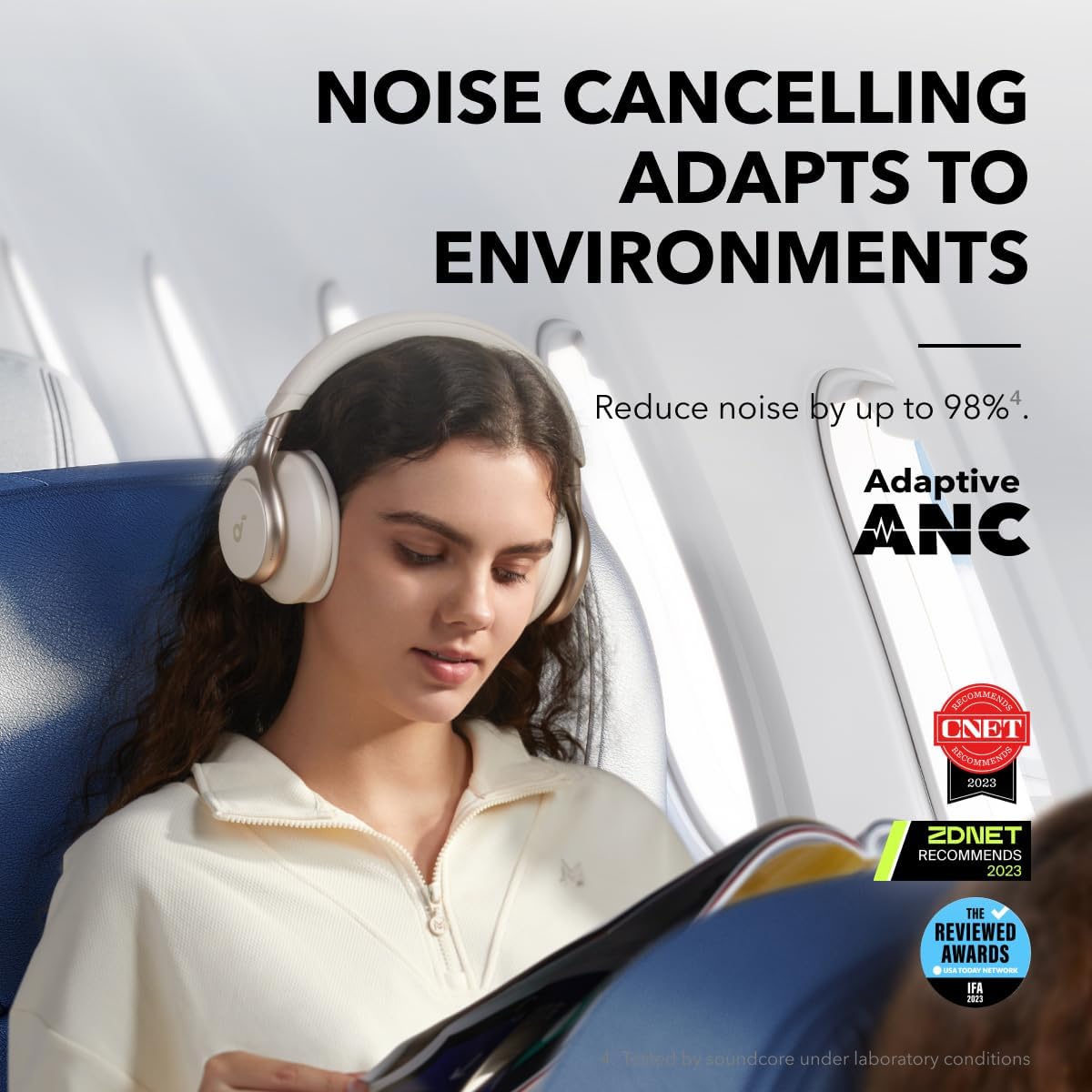 Soundcore by Anker, Space One, Active Noise Cancelling Headphones, 2X Stronger Voice Reduction, 40H ANC Playtime, App Control, LDAC Hi-Res Audio, Comfortable Fit, Clear Calls, Bluetooth 5.3 (White)