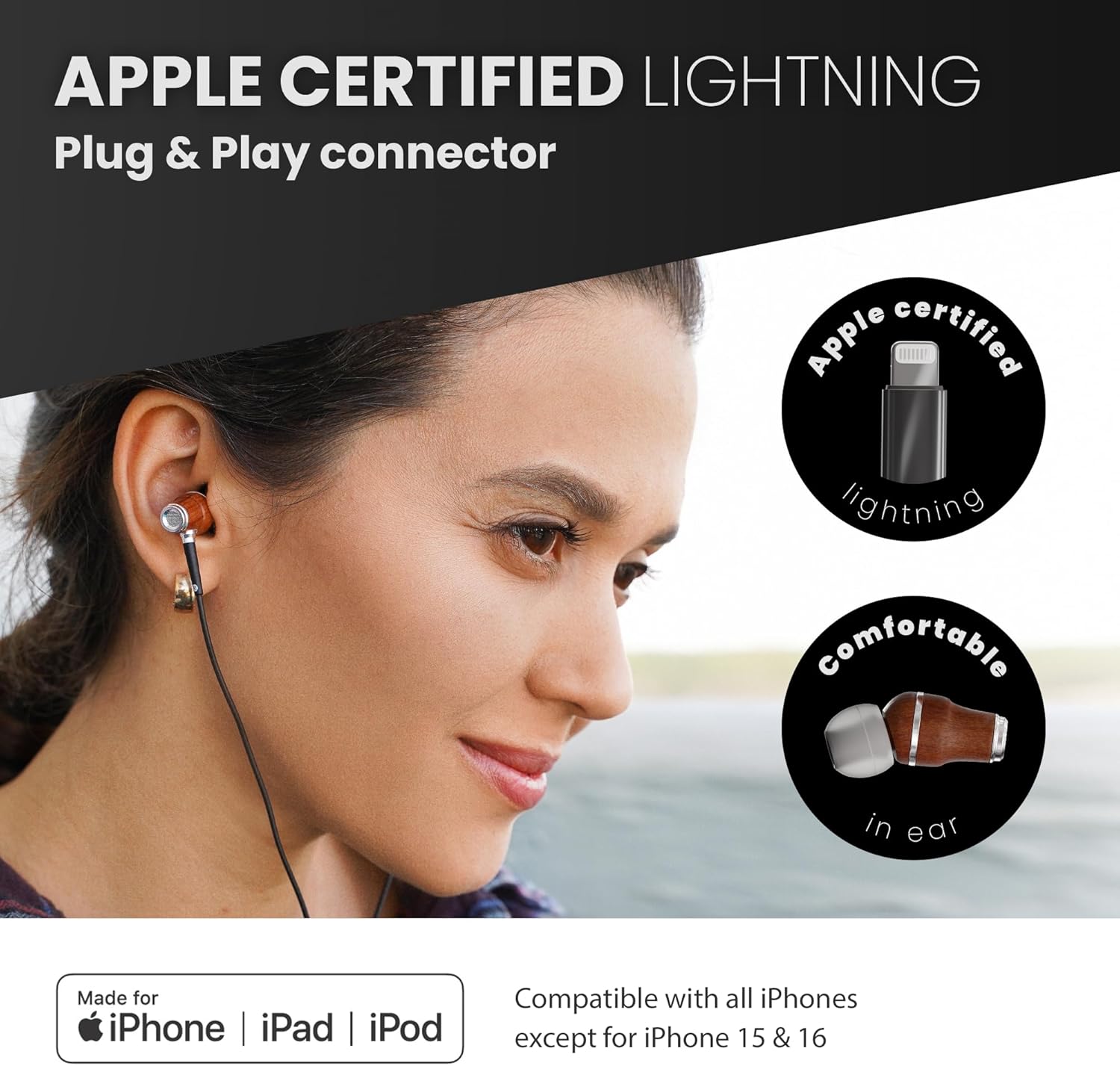 Symphonized iPhone Earphones Wired Deep Bass Sound, 3D Sound, Microphone Volume Control, Noise Isolation, Bubinga Wooden with Lightning (Apple MFI Certified), iPhone SE to 14 Earbuds