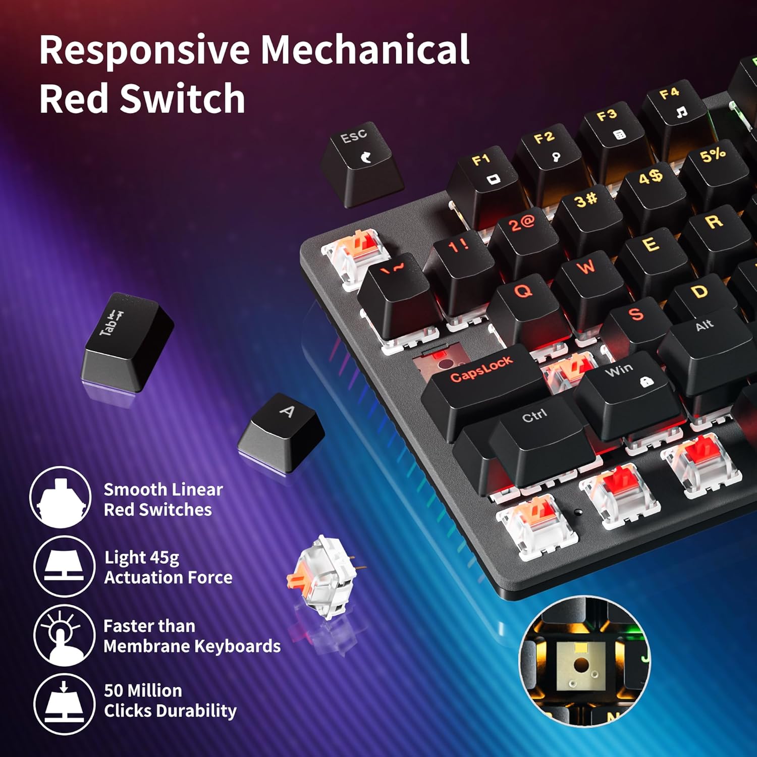 Newmen GM325Pro Mechanical Keyboard,104 Keys Rainbow LED Backlit Wired Gaming Keyboards,Hot-Swap Metal Panel ABS Black Keycaps Gaming Mechanical Keyboard for Windows Laptop PC Linear Red Switches