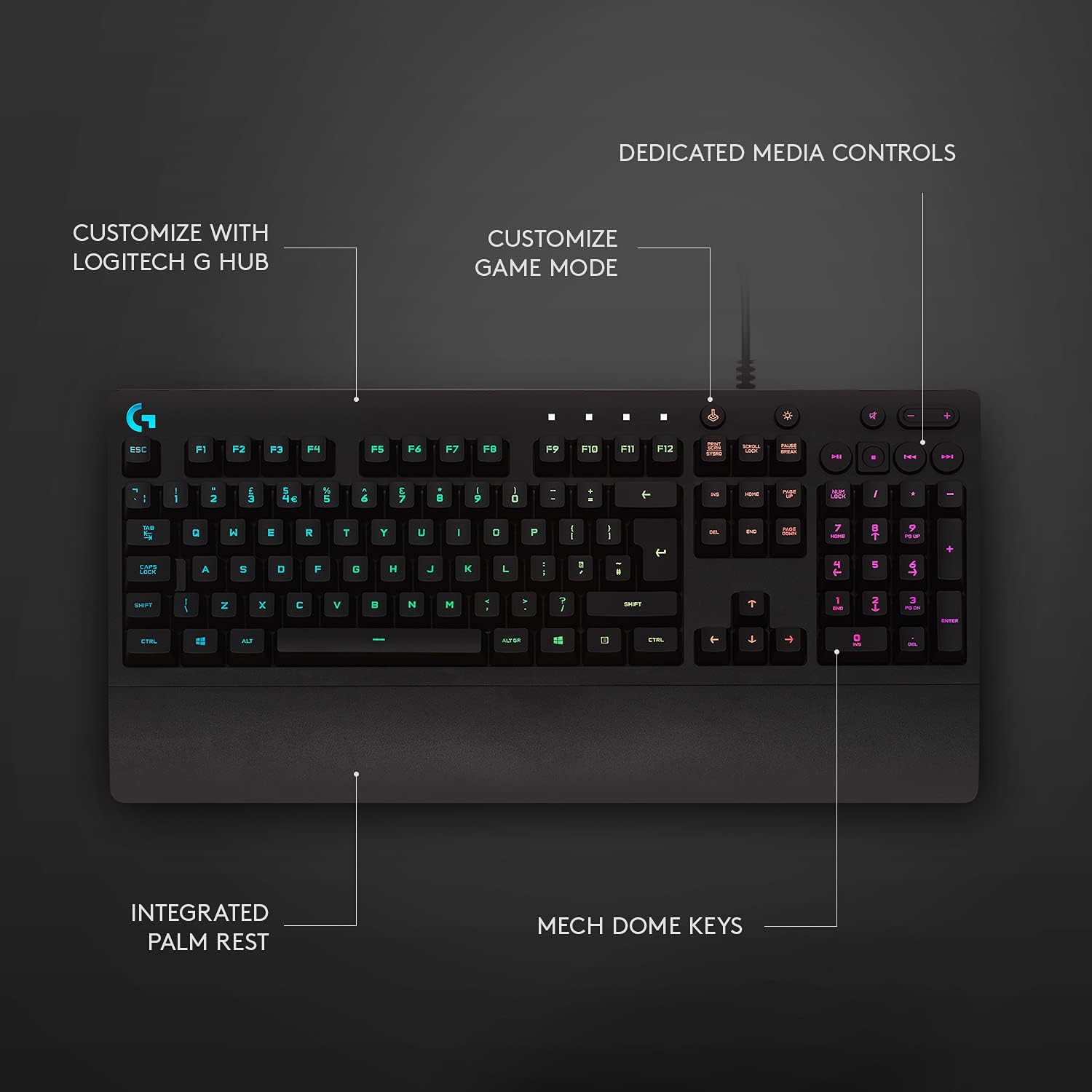 Logitech G213 Prodigy Gaming Keyboard - Wired RGB Backlit Keyboard with Mech-Dome Keys, Palm Rest, Adjustable Feet, Media Controls, USB, Compatible with Windows – Black