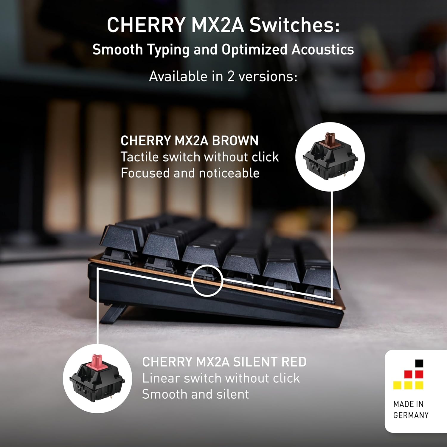Cherry KC 200 MX, Wired Mechanical Office Keyboard, Modern Design with Elegant Aluminum Surface, USB-A Connection, MX2A Silent RED Switches, Black/Bronze