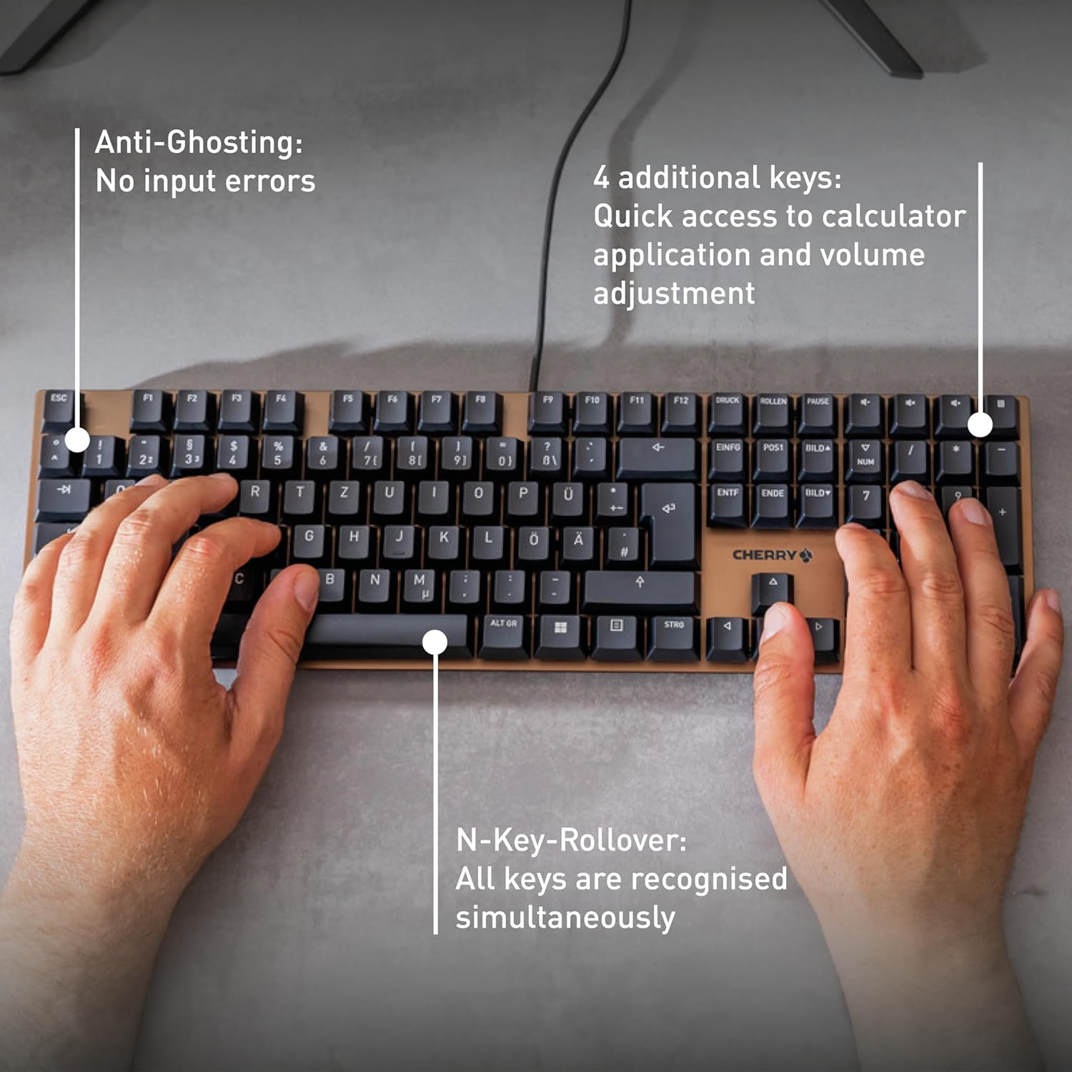 Cherry KC 200 MX, Wired Mechanical Office Keyboard, Modern Design with Elegant Aluminum Surface, USB-A Connection, MX2A Silent RED Switches, Black/Bronze
