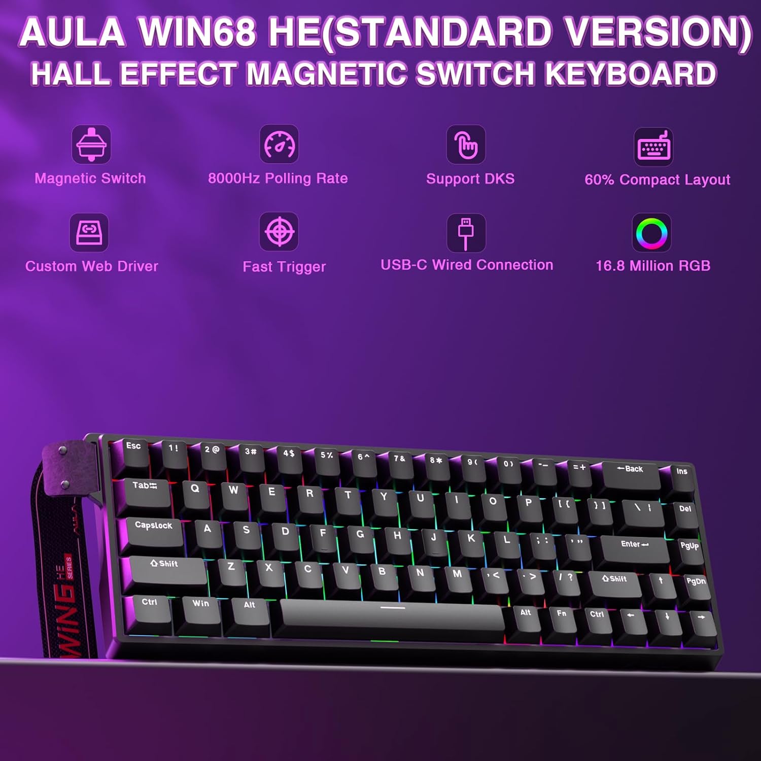 AULA WIN68 HE Mechanical Gaming Keyboard 60%, Hall Effect Magnetic Switch, Fast Trigger Mode Adjustable Actuation, 8000Hz Polling Rate, RGB Backlit, Wired Black Keyboard for Laptop/PC Gamer